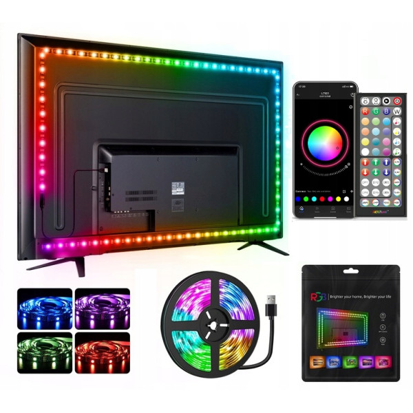 TAŚMA LED RGB 4M PODŚWIETLENIE TV BLUETOOTH REGULACJA JASNOŚCI PILOT USB 5V