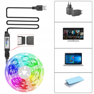 TAŚMA LED RGB 4M PODŚWIETLENIE TV BLUETOOTH REGULACJA JASNOŚCI PILOT USB 5V | Led-rgb.pl