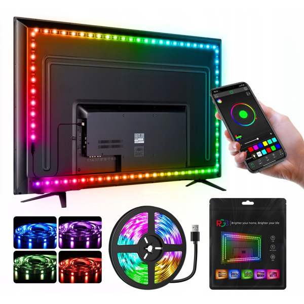 Taśma LED RGB USB podświetlenie TV BLUETOOTH 5M regulacja jasności kolorowa