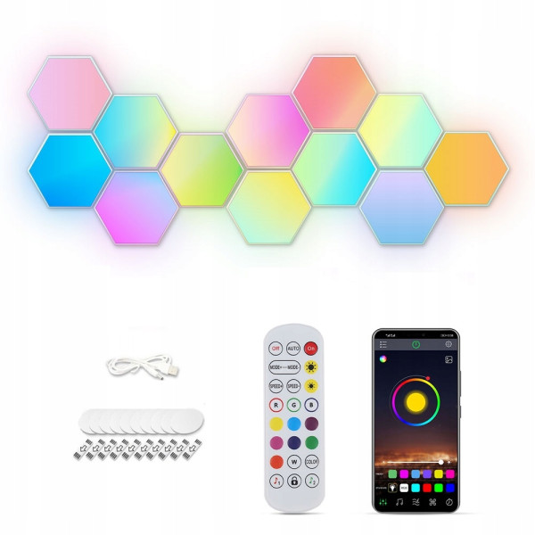 Lampa Hexagon x12 plaster miodu RGB USB PILOT APLIKACJA ZESTAW TIMER MUZYKA