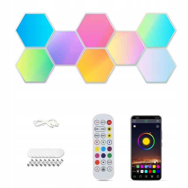 Lampa Hexagon x8 plaster miodu RGB USB PILOT APLIKACJA ZESTAW TIMER MUZYKA