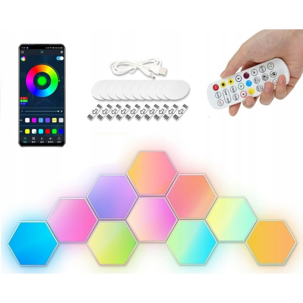 Lampa Hexagon x10 plaster miodu RGB USB PILOT APLIKACJA ZESTAW TIMER MUZYKA
