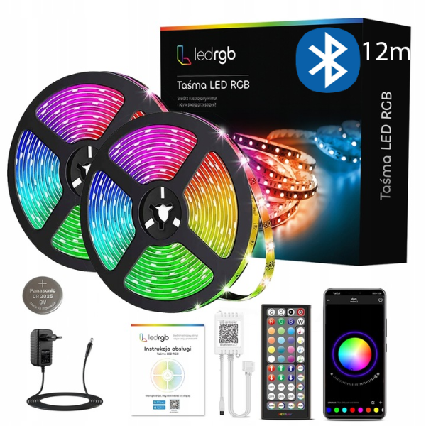 Taśma LED 12M RGB 5050 Bluetooth APLIKACJA MOBILNA PILOT MUZYKA ZESTAW 12V