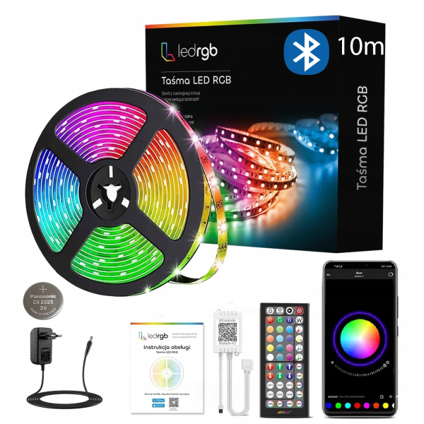 Taśma LED 10M RGB 5050 Bluetooth APLIKACJA MOBILNA PILOT MUZYKA ZESTAW 12V