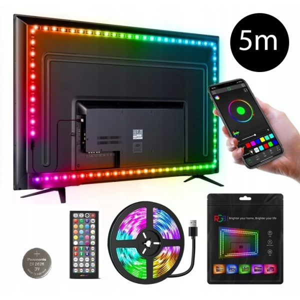 Taśma LED RGB 5M TV  podświetlenie BLUETOOTH regulacja jasności kolorowa USB