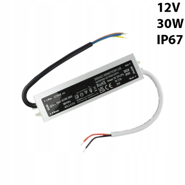 Zasilacz montażowy 12V 2.5A 30W LED modułowy IP67 hermetyczny wodoodporny