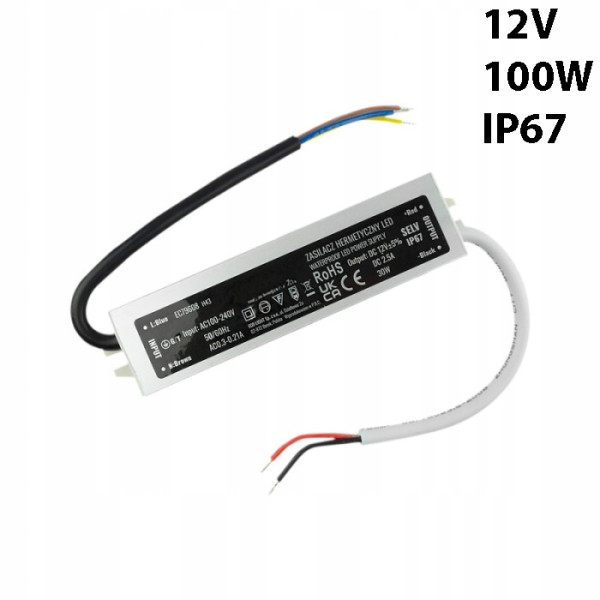 Zasilacz montażowy 12V 8.33A 100W LED modułowy IP67 hermetyczny wodoodporny