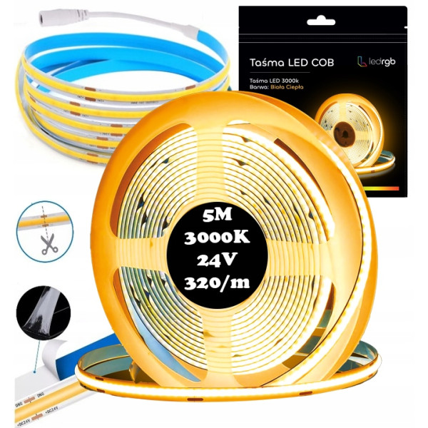 Taśma LED Neon COB 24V 5m 320 diod 3000K BIAŁA CIEPŁA HOMOGENICZNA 8MM