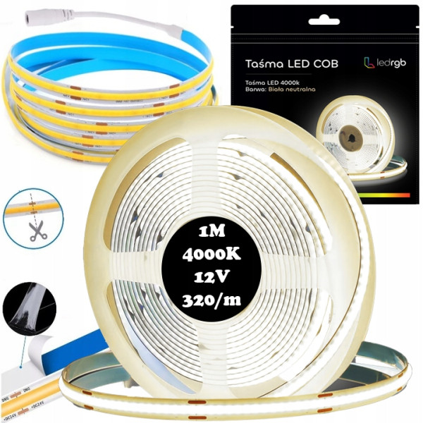 Taśma LED Neon COB 12V 1m 480 diod 4000K BIAŁA NEUTRALNA HOMOGENICZNA 8MM