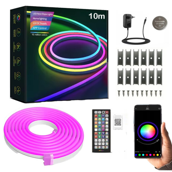 TAŚMA LED NEON 10M (1x10) RGB BLUETOOTH APLIKACJA PILOT IP67 24V WODODPORNA