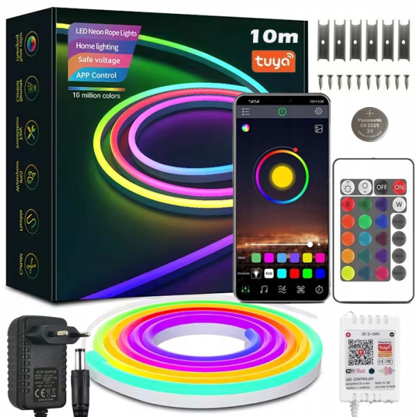 TAŚMA LED NEON 10M RGB (1x10)APLIKACJA WIFI TUYA PILOT IP67 24V WODOODPORNA