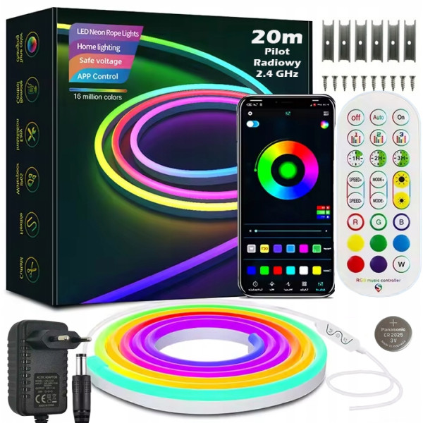 TAŚMA LED NEON 20M (2x10) APLIKACJA BLUETOOTH RGB PILOT RADIOWY 2.4GHz 24V