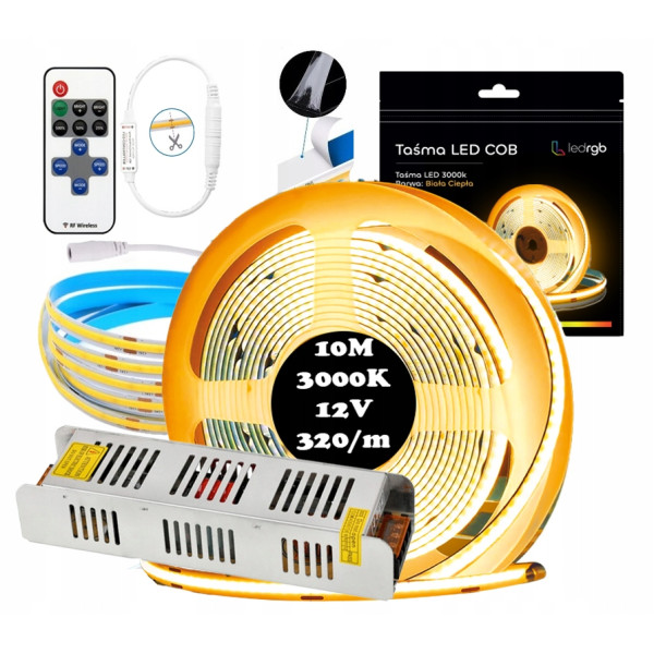 Zestaw Taśma LED Neon COB 12V 10m 3000K BIAŁA CIEPŁA ZASILACZ PILOT 8mm