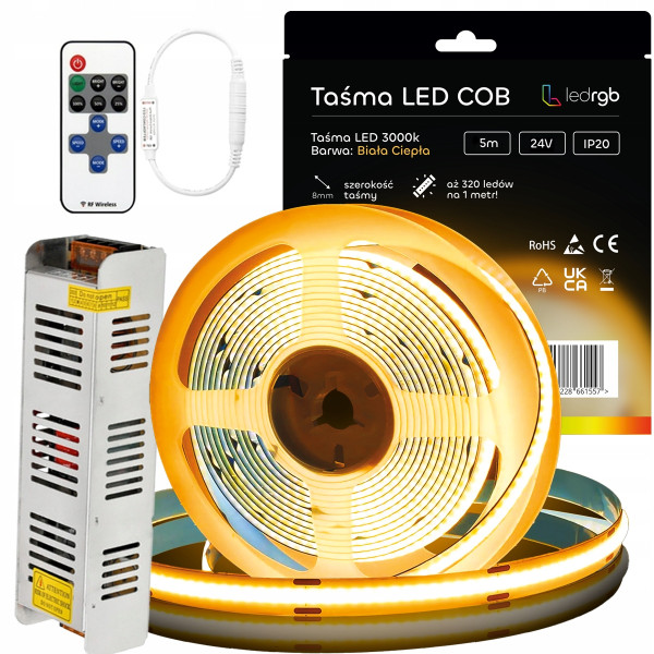 Zestaw Taśma LED Neon COB 24V 5m 3000K BIAŁA CIEPŁA ZASILACZ 60W PILOT 8mm