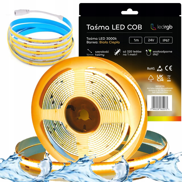 Taśma LED Neon COB 24V 1m 320 diod 3000K BIAŁA CIEPŁA WODOODPORNA IP67 10mm