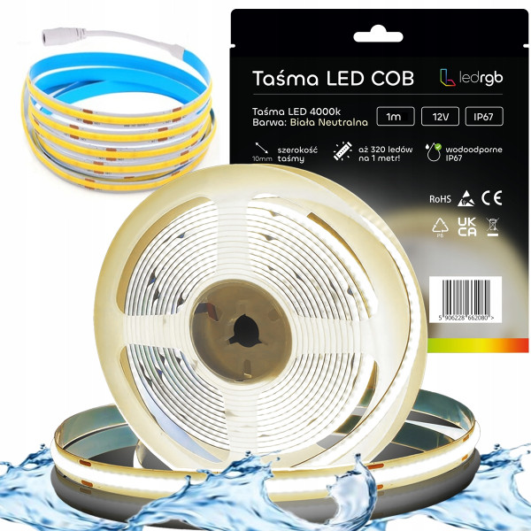 Taśma LED Neon COB 12V 1m 320 diod 4000K BIAŁA NEUTRALNA WODOODPORNA IP67