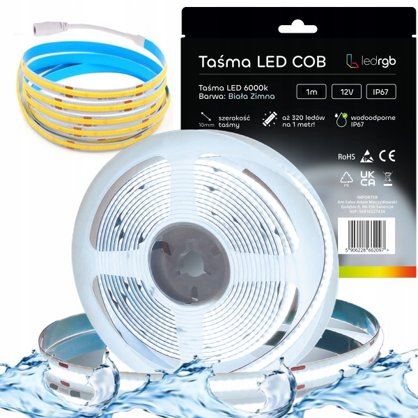 Taśma LED Neon COB 12V 1m 320 diod 6000K BIAŁA ZIMNA WODOODPORNA IP67 10mm