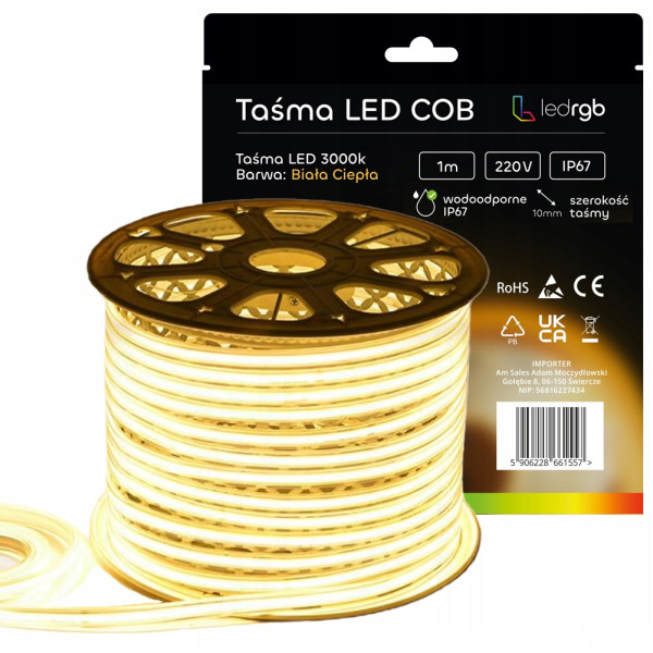 Taśma LED Neon COB 220/230V 1m 3000K BIAŁA CIEPŁA WODOODPORNA IP67 10mm