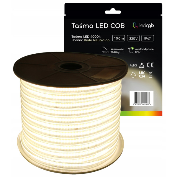 Taśma LED Neon COB 220V 230V 100m 4000K BIAŁA NEUTRALNA WODOODPORNA IP67