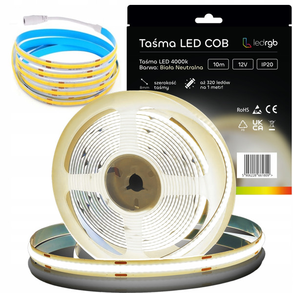 Taśma LED Neon COB 12V 10m 320 diod 4000K BIAŁA NEUTRALNA HOMOGENICZNA 8MM