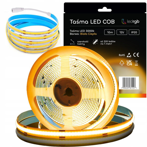 Taśma LED Neon COB 12V 10m 320 diod 3000K BIAŁA CIEPŁA HOMOGENICZNA 8MM