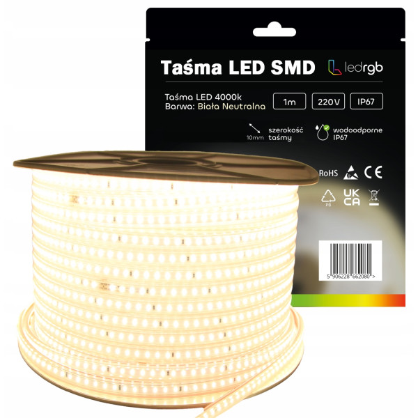 Taśma LED SMD 2835 220V 230V 1m 4000K BIAŁA NEUTRALNA WODOODPORNA IP67 10mm