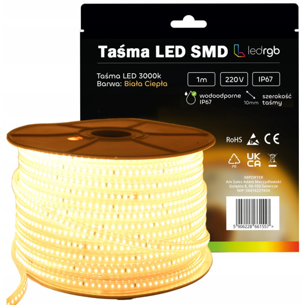 Taśma LED SMD 2835 220V 230V 1m 3000K BIAŁA CIEPŁA WODOODPORNA IP67 10mm