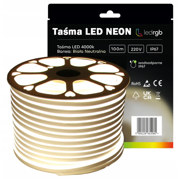 Taśma LED NEON 2835 220V 230V 100m 4000K BIAŁA NEUTRALNA WODOODPORNA IP67