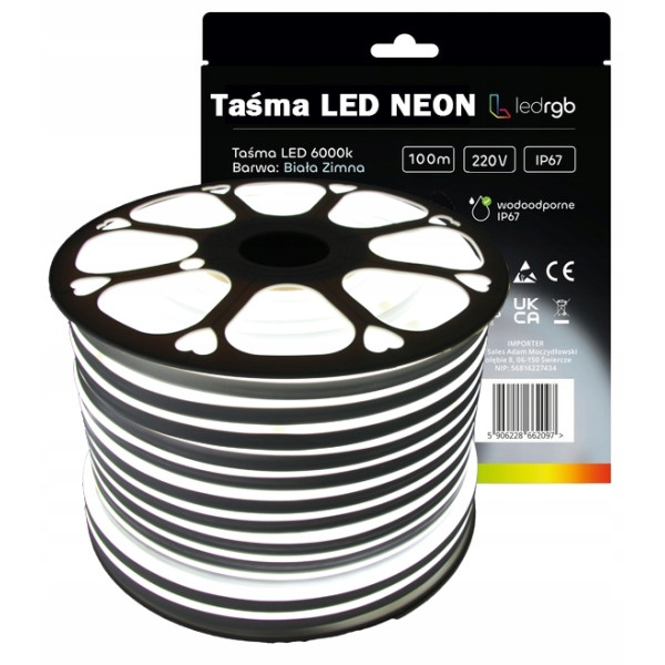 Taśma LED NEON 2835 220V 230V 100m ROLKA 6000K BIAŁA ZIMNA WODOODPORNA IP67