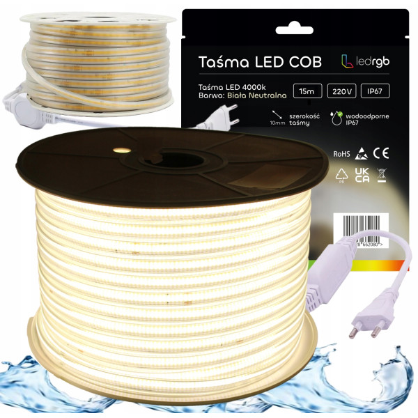 ZESTAW Taśma LED Neon COB 220V 230V 15m 4000K BIAŁA NEUTRALNA ZASILACZ IP67