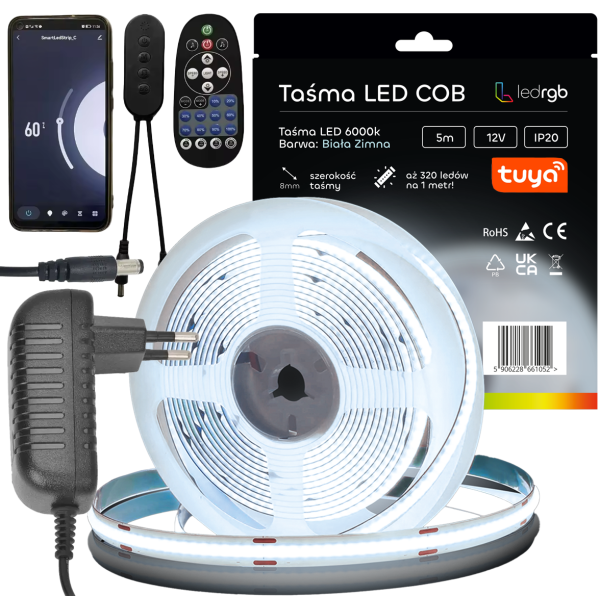Zestaw Taśma LED Neon COB 12V 5m 6000K BIAŁA ZIMNA WIFI TUYA ŚCIEMNIACZ 8mm