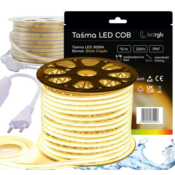 ZESTAW Taśma LED Neon COB 220V 230V 15m 3000K BIAŁA CIEPŁA ZASILACZ IP67