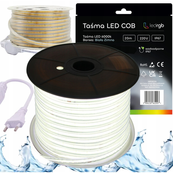 ZESTAW Taśma LED Neon COB 220V 230V 20m 6000K BIAŁA ZIMNA ZASILACZ IP67