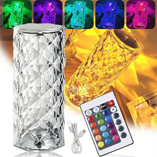KRYSZTAŁOWA LAMPKA NOCNA LED DIAMENTOWA DOTYKOWA RGB PILOT USB 5V ŁADOWANA