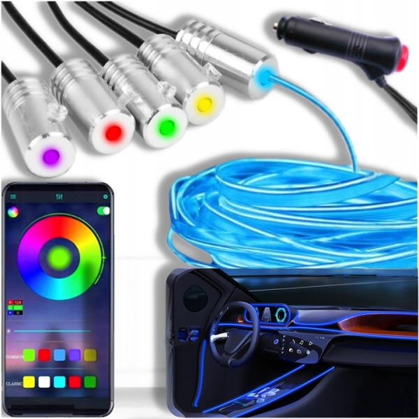 ŚWIATŁOWÓD AMBIENT LIGHT LED RGB OŚWIETLENIE WNĘTRZA AUTA 6M APLIKACJA 12V