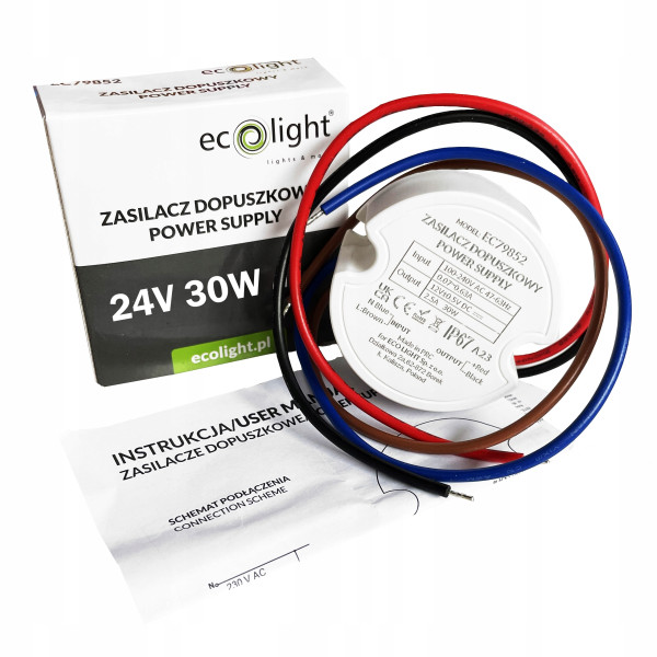 Zasilacz do puszki dopuszkowy fi60 24V 1.25A 30W IP67 50x22 DO LED 2 zyłowy