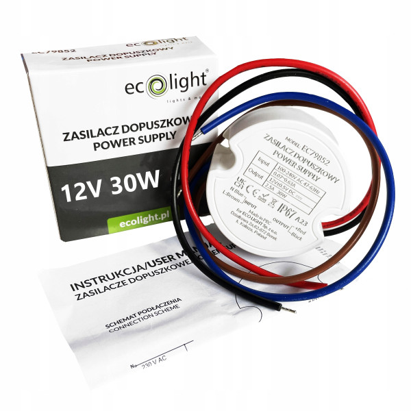 Zasilacz do puszki dopuszkowy fi60 12V 2,5A 30W IP67 50x22 DO LED 2 zyłowy