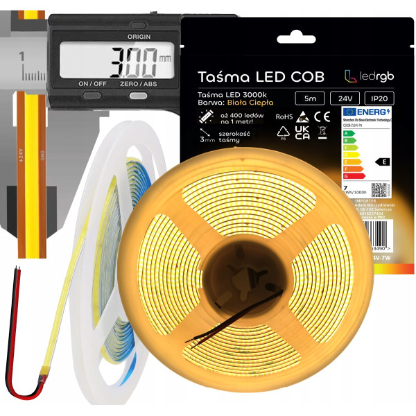 Taśma LED Neon COB 24V 5m 400 diod 3000K BIAŁA CIEPŁA ULTRA CIENKA 3MM