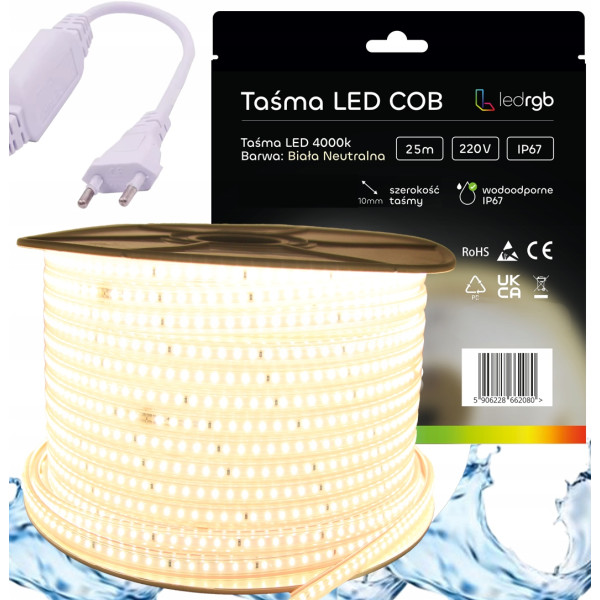 ZESTAW Taśma LED SMD 220V 230V 25m 4000K BIAŁA NEUTRALNA ZASILACZ IP67