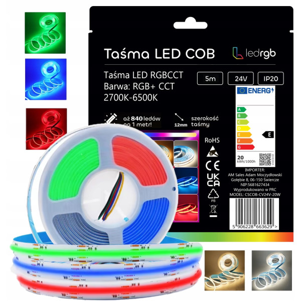 TAŚMA LED COB NEON 5M RGB CCT BIAŁY CIEPŁY NEUTRALNY ZIMNY 2700-6500K 840/m