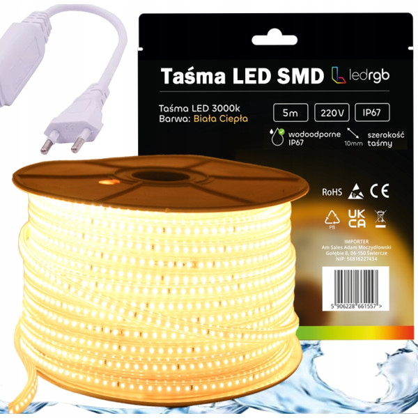 ZESTAW Taśma LED SMD 220V 230V 5m 3000K BIAŁA CIEPŁA ZASILACZ IP67 120/m
