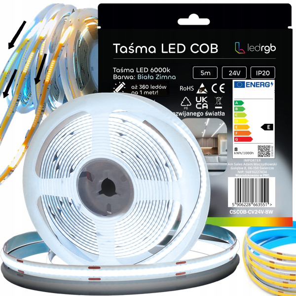 TAŚMA LED COB 5m 24V 360diod BIAŁA ZIMNA 6000K CYFROWA PIXEL PŁYNĄCA WS2811