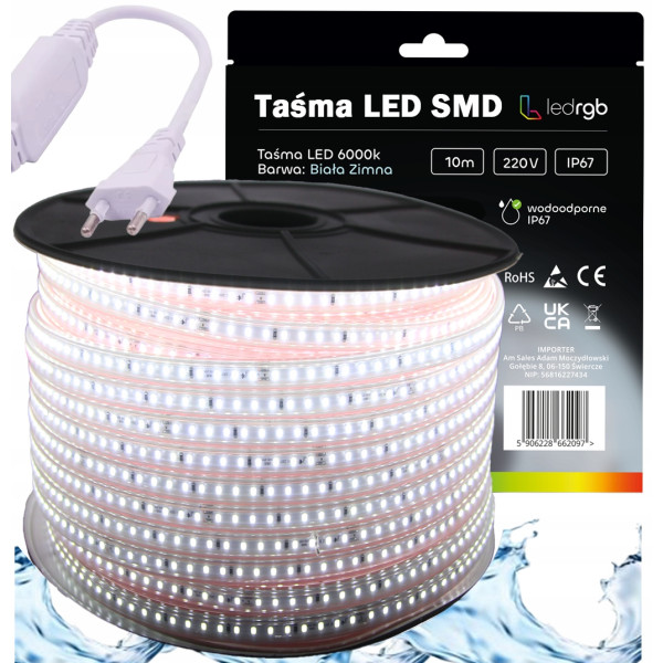 ZESTAW Taśma LED SMD 220V 230V 10m 6000K BIAŁA ZIMNA ZASILACZ IP67 120/m