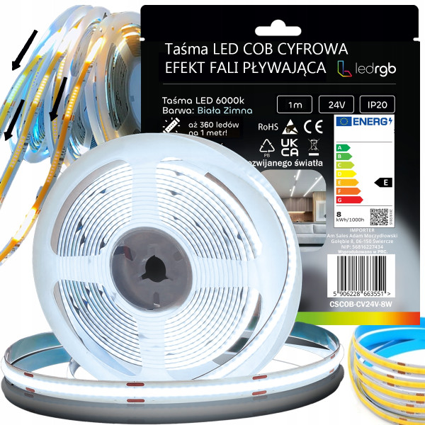 TAŚMA LED COB 1m 24V 360diod BIAŁA ZIMNA 6000K CYFROWA PIXEL PŁYNĄCA WS2811