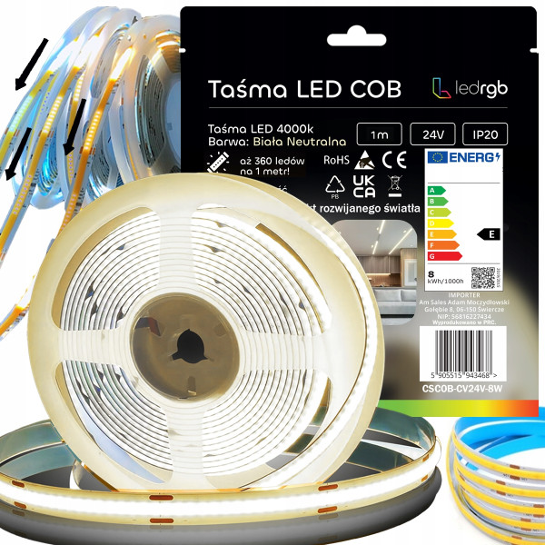 TAŚMA LED COB 1m 24V 360d BIAŁA NEUTRALNA 4000 CYFROWA PIXEL PŁYNĄCA WS2811