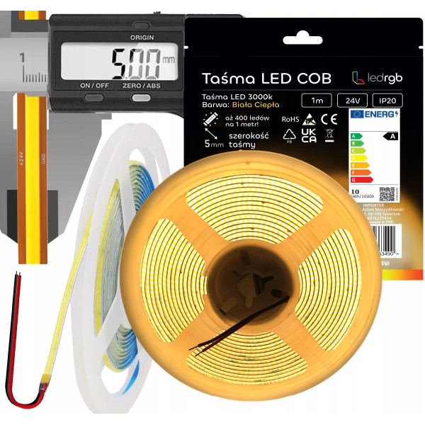 Taśma LED Neon COB 24V 1m 400 diod 3000K BIAŁA CIEPŁA CIENKA 5MM JASNA