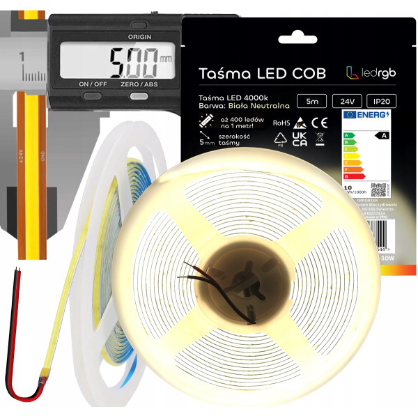 Taśma LED Neon COB 24V 5m 400 diod 4000K BIAŁA NEUTRALNA CIENKA 5MM JASNA