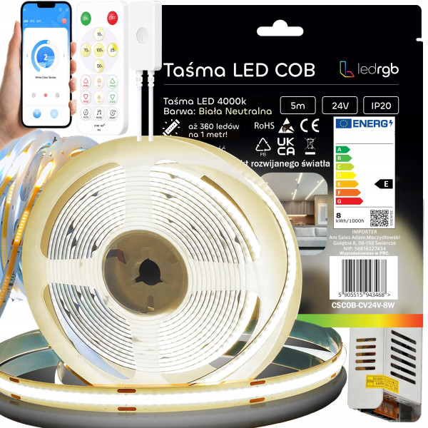 ZESTAW TAŚMA LED COB 5m 24V 360d BIAŁA NEUTRALNA 4000K CYFROWA PILOT APKA