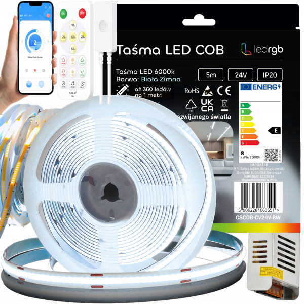 ZESTAW TAŚMA LED COB 5m 24V 360d BIAŁA ZIMNA 6000K CYFROWA PILOT APLIKACJA