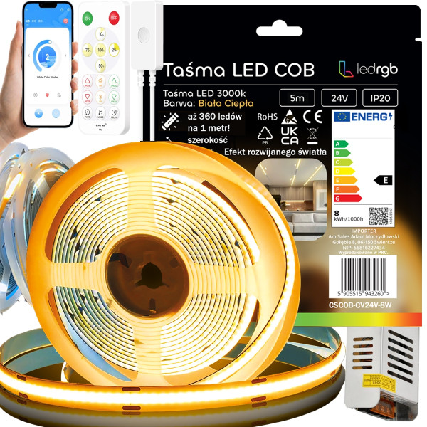 ZESTAW TAŚMA LED COB 5m 24V 360d BIAŁA CIEPŁA 3000K CYFROWA PILOT APLIKACJA